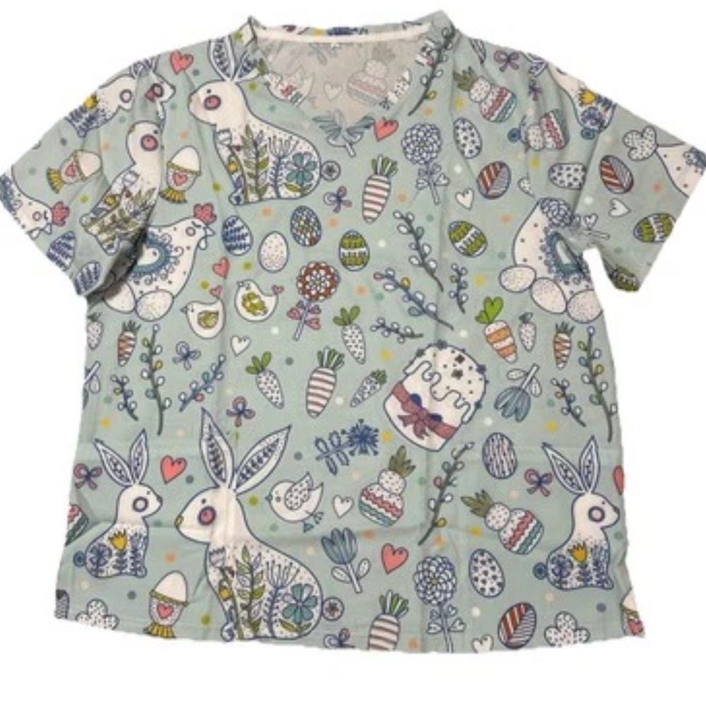 Rabbit Birds Print Scrub Top Women’s XL Green Nurse Medical Uniform Shirt